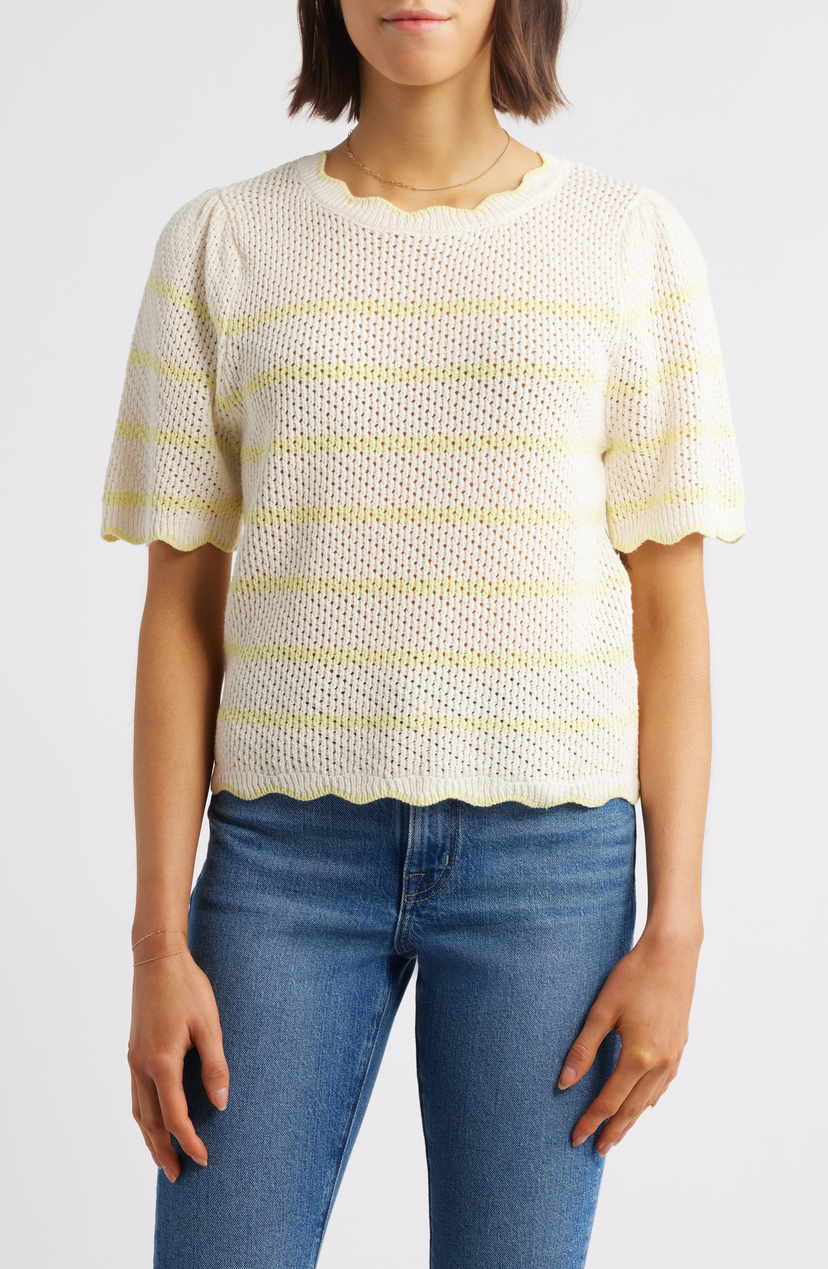 Wit & Wisdom Stripe Scallop Edge Short Sleeve Sweater