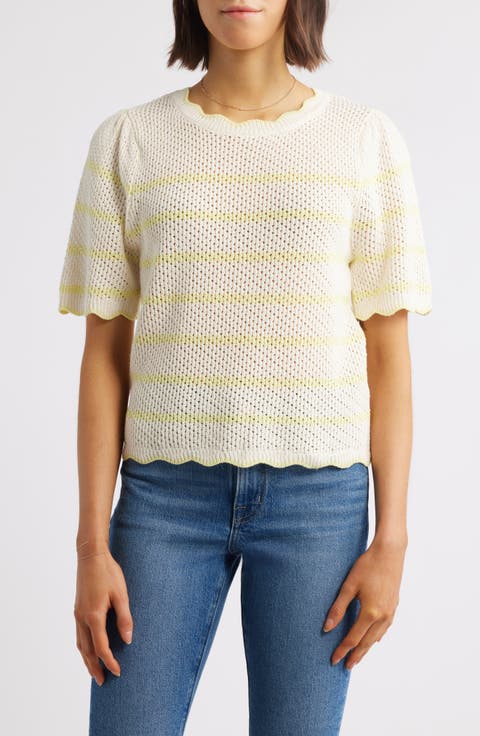 Stripe Scallop Edge Short Sleeve Sweater