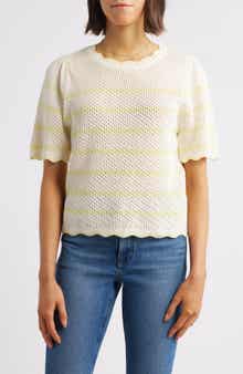Wit & Wisdom Stripe Scallop Edge Short Sleeve Sweater