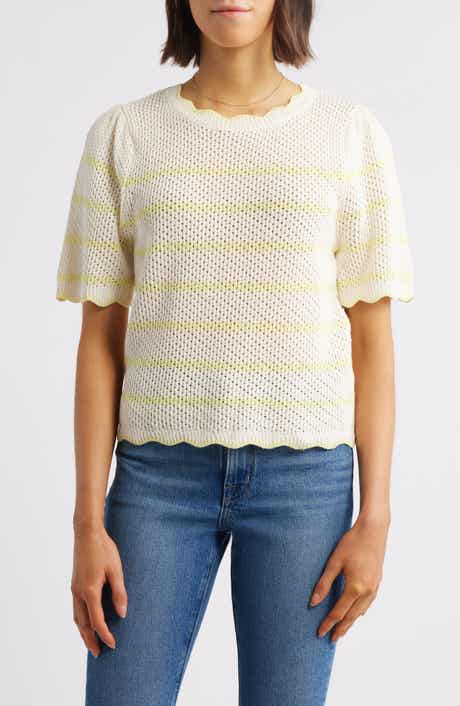 Wit & Wisdom Stripe Scallop Edge Short Sleeve Sweater