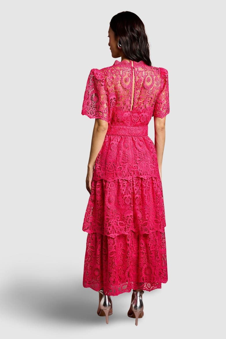 Short Sleeve Tiered Lace Midi Dress, Alternate, color, Raspberry