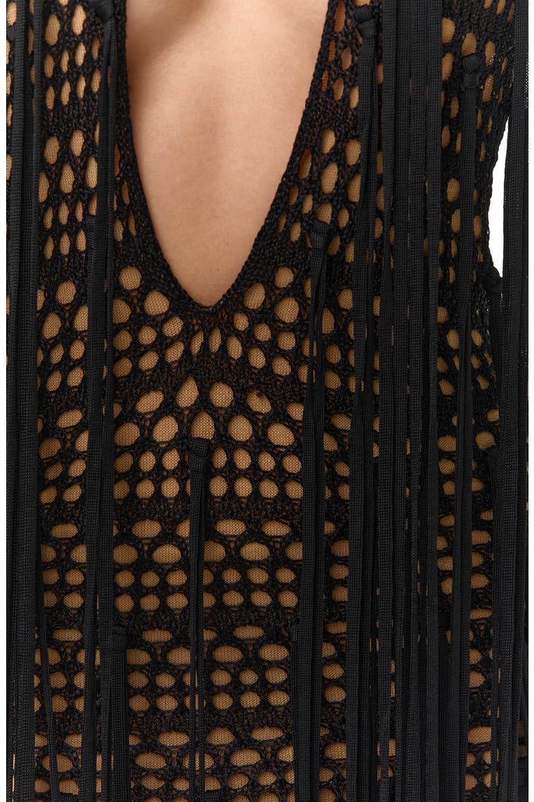Crochet Fringe Plunge Neck Maxi Dress, Alternate, color, BLACK