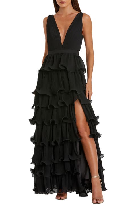 Sleeveless Ruffle Tiered V Neck Gown