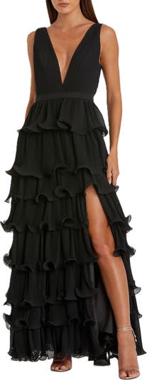 【MAC DUGGAL】ロングドレス レッド ノースリーブ Vネック V-Neck Sleeveless Tiered Ruffle Midi Dress | Mac Duggal