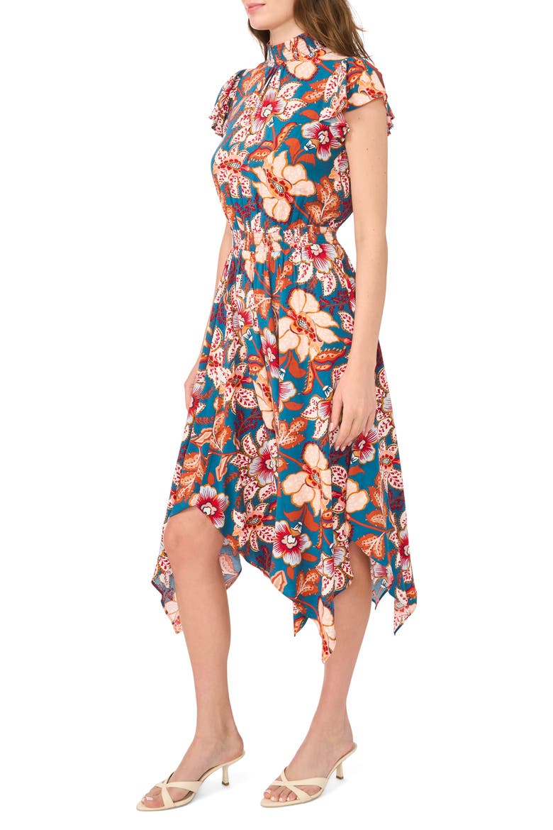 Smocked Waist Handkerchief Hem Midi Dress, Alternate, color, MALLARD BLUE