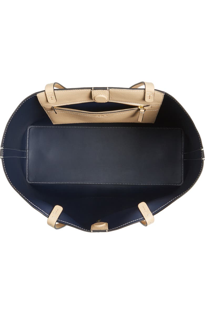 Tory Burch Perforated Logo Leather Tote, Alternate, color, Sand Dune/ Tory Navy