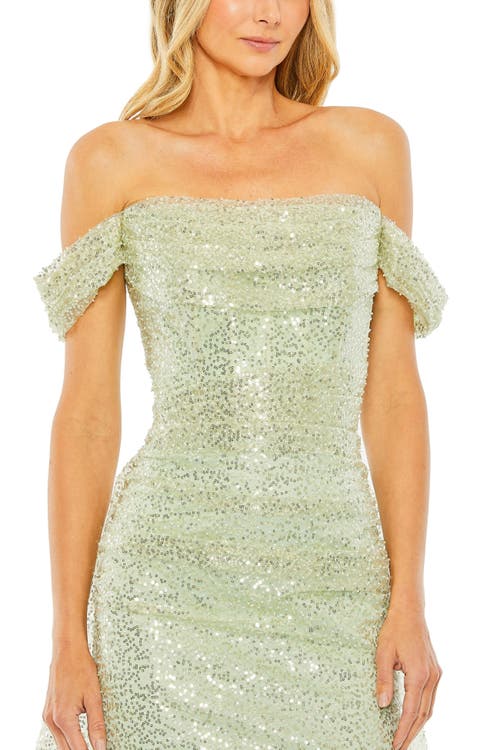 Mac Duggal Off The Shoulder Sequin Panel Train Gown In Sage