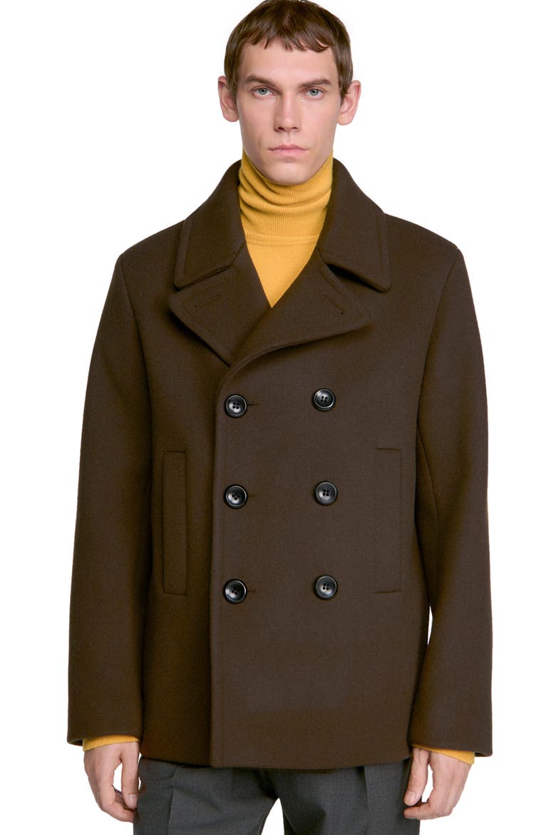 Double-breasted wool pea coat, Alternate, color, Taupe / kaki