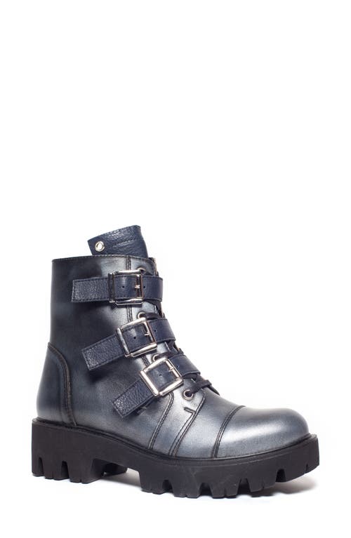 Unity in Diversity Paris Combat Boot in Silver/Dark Blue Leather 