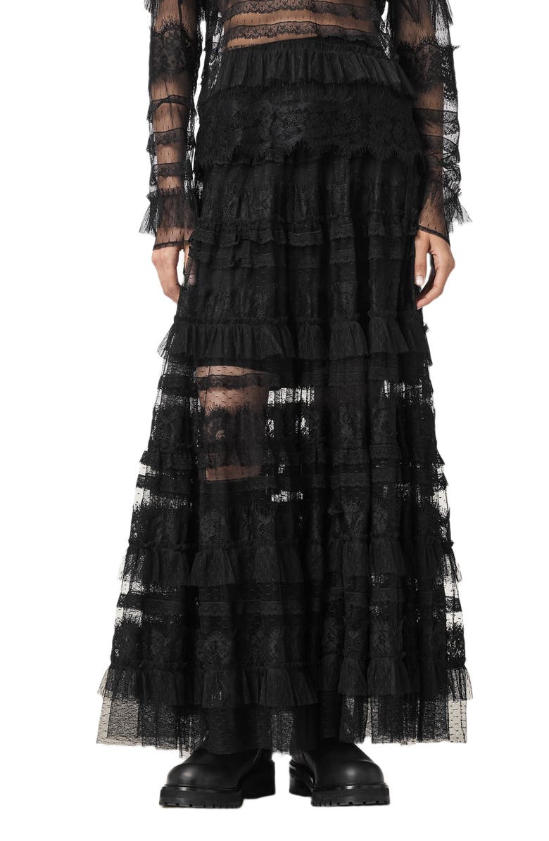 AllSaints Arlea Lace & Tulle Skirt, Main, color, Black