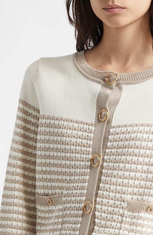 Ramy Brook Bea Metallic Stripe Cotton Blend Cardigan In Sandstone Ivy Textured Stripe