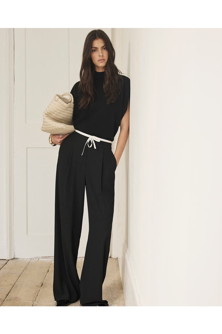 Contrast Waist Wide Leg Trousers, Alternate, color, Black