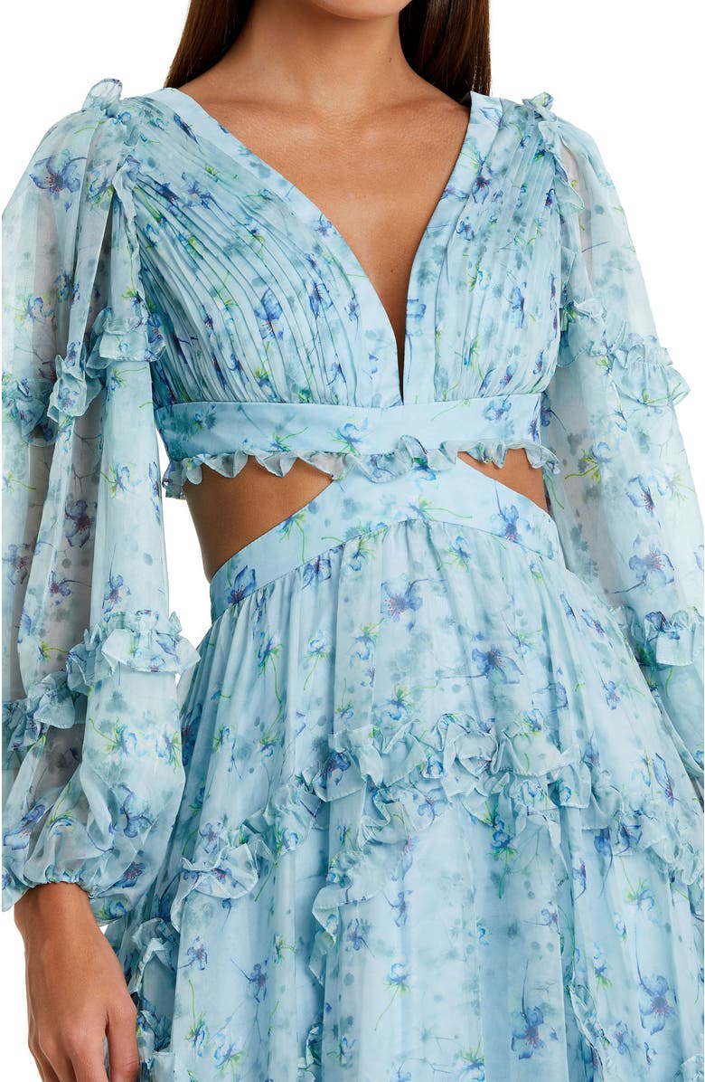 Mac Duggal Floral Chiffon Ruffle Gown with Plunging Neckline & Cutout Back, Alternate, color, Powder Blue