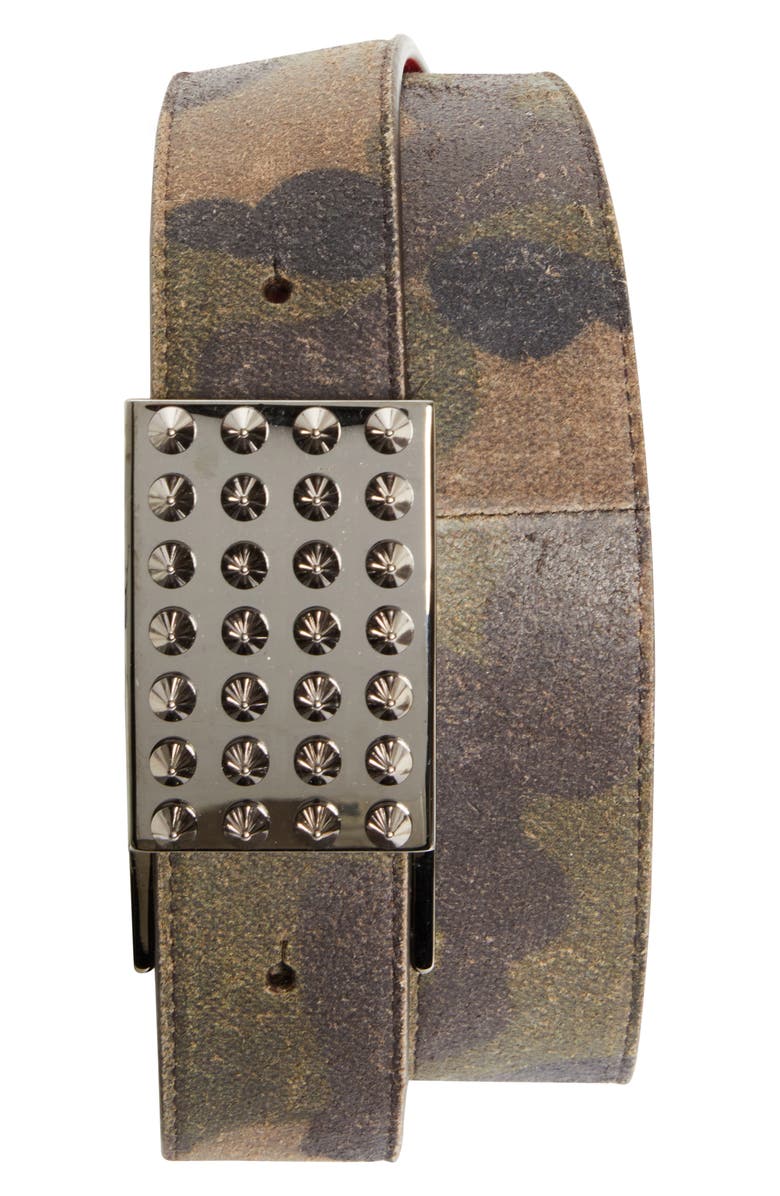 Christian Louboutin Funky Camo Crosta Leather Belt, Main, color, Cafe/ Green/ Gun Metal