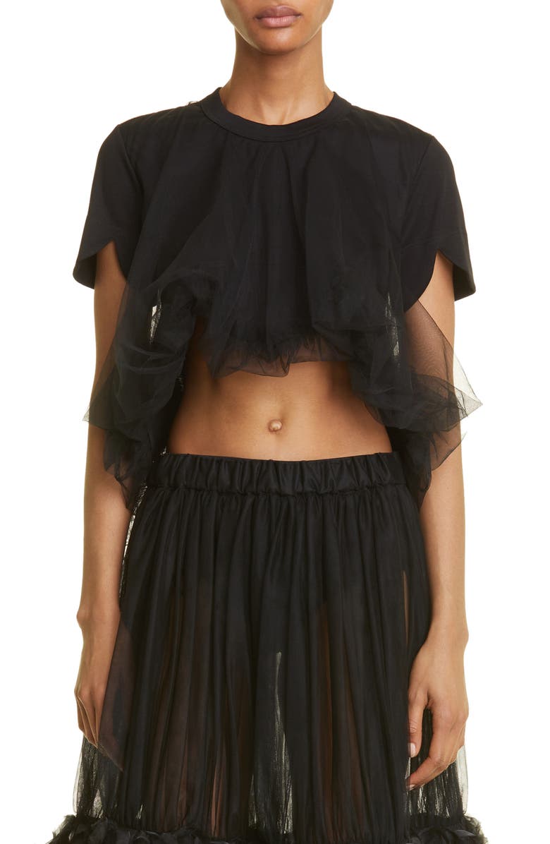 Noir Kei Ninomiya Scallop Hem Ponte Knit & Tulle Top, Main, color, 