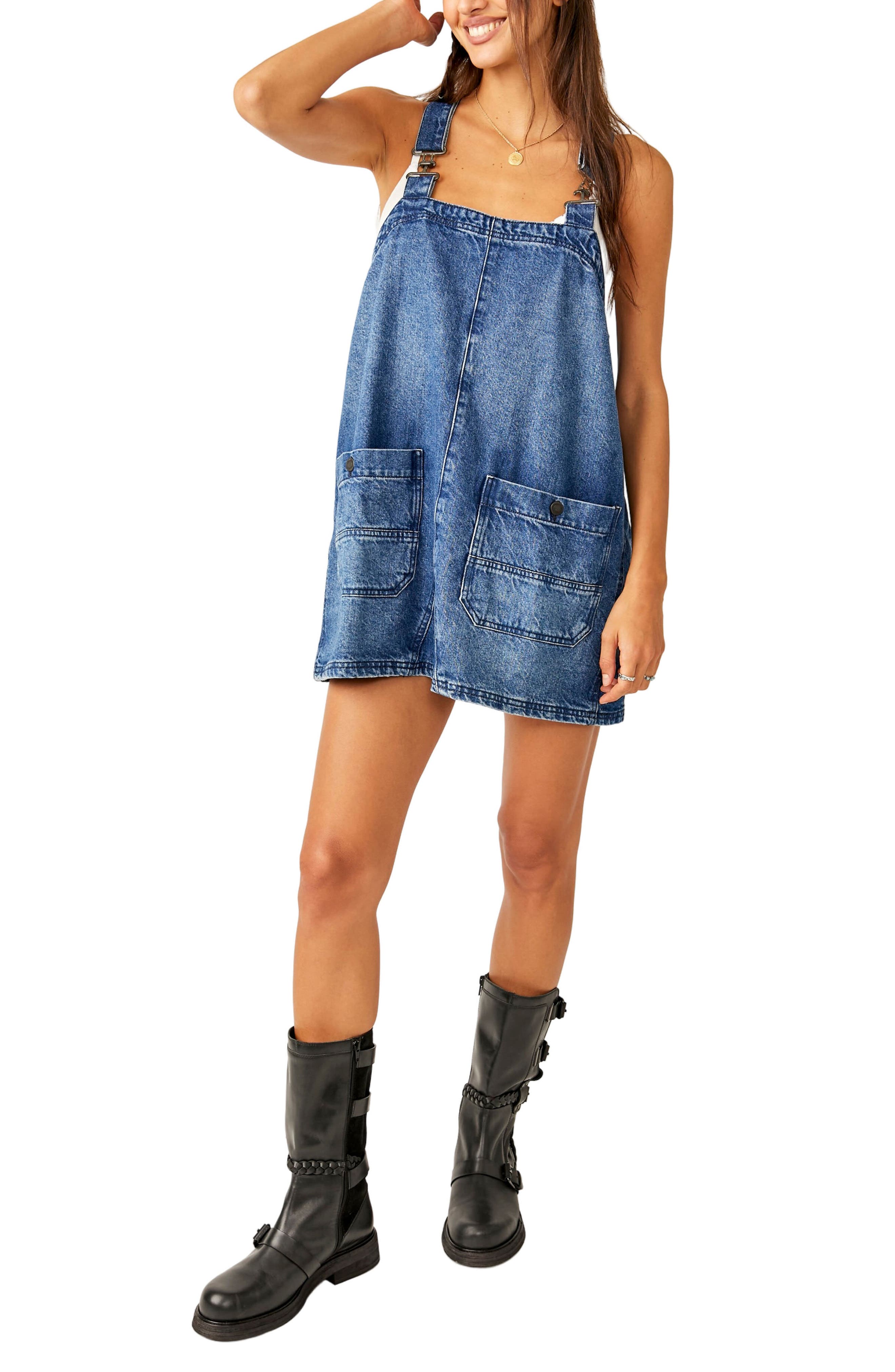 denim mini overall dress WOMEN'S SLEEVELESS FRONT POCKETS WASHED DENIM MINI OVERALL DRESS Wholesalefashiontrends.com