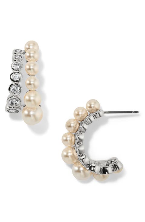 Imitation Pearl and Crystal J-Hoop Earrings
