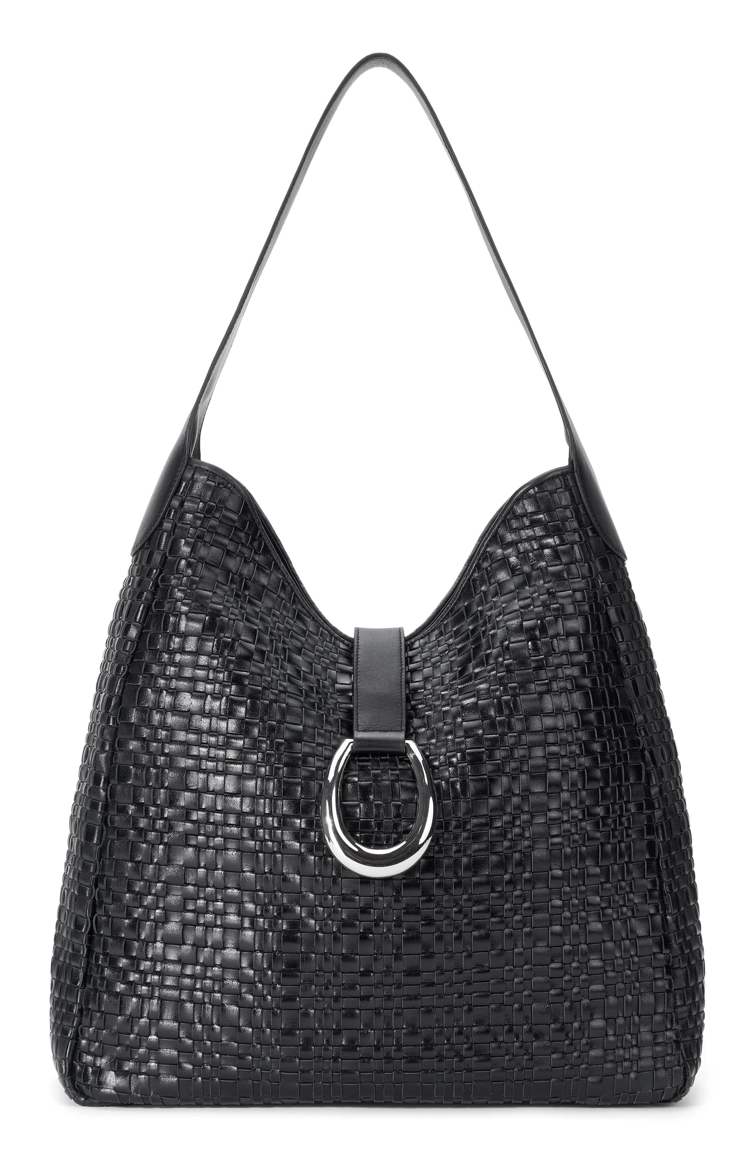 STAUD Maya Leather Shoulder Bag, Main, color, Black Woven