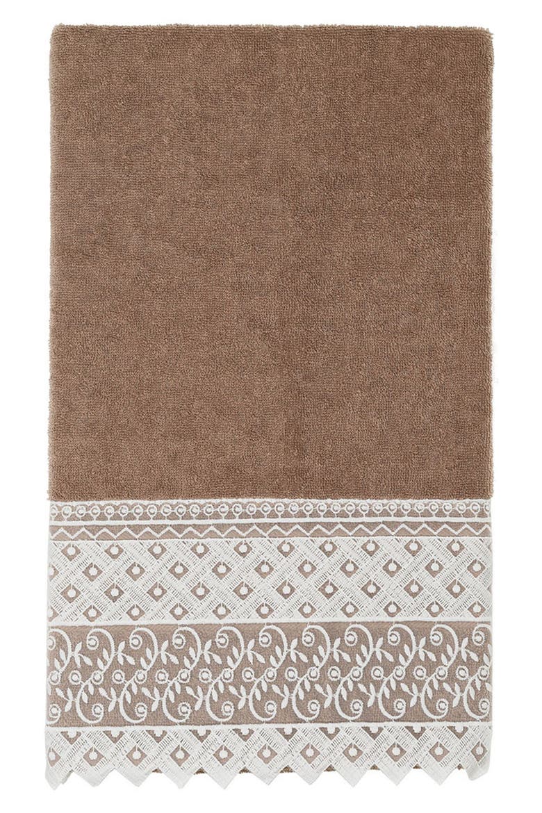 100% Turkish Cotton Aiden 3-Piece White Lace Embellished Towel Set, Alternate, color, LIGHT BROWN