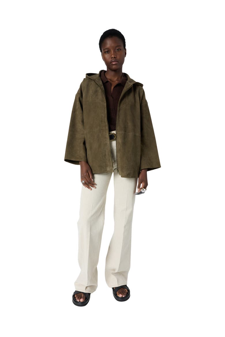 Tassya Zip-Up Hooded Suede Jacket, Alternate, color, Khaki Green