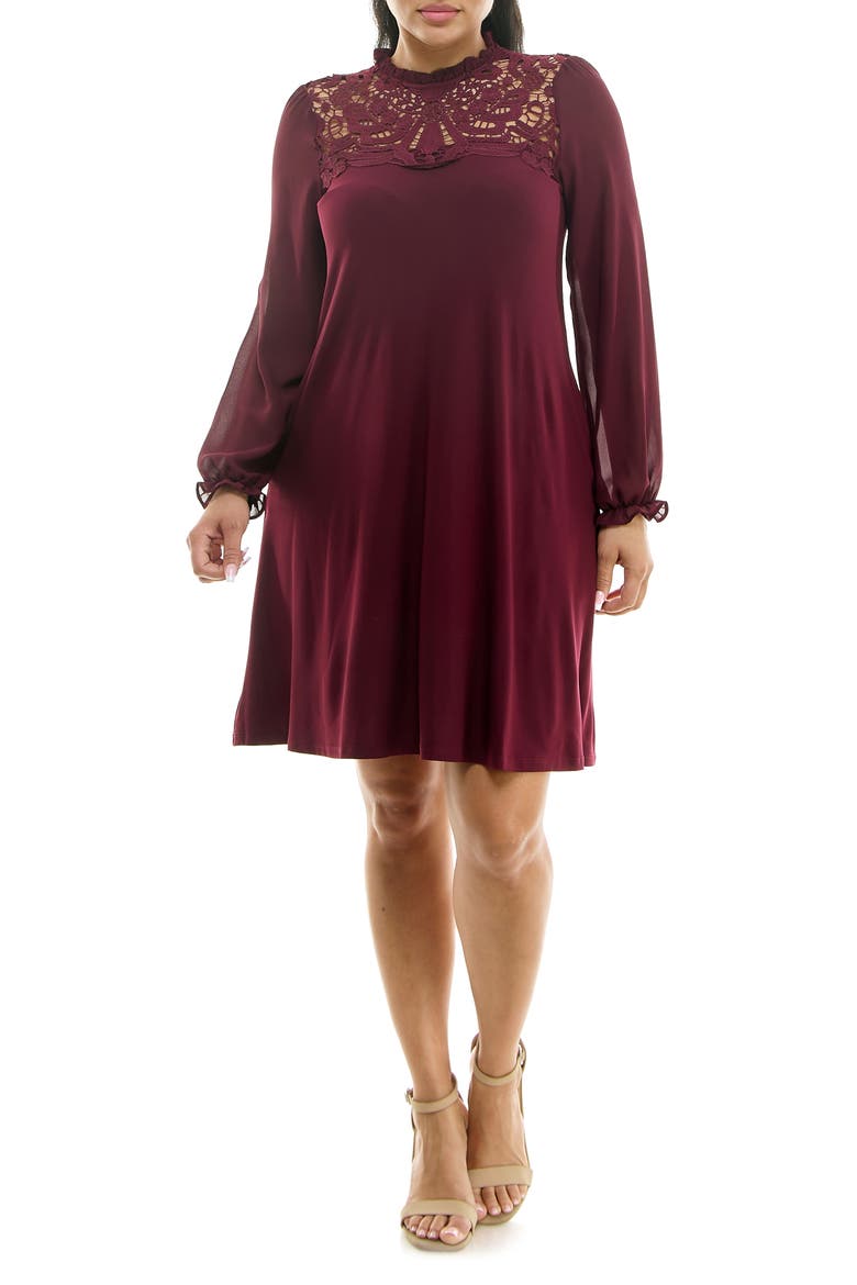 Lace Yoke Long Sleeve Trapeze Dress, Main, color, DEEP WINE