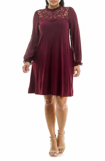 Nina Leonard Lace Yoke Long Sleeve Trapeze Dress