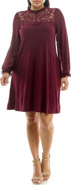 Nina Leonard Lace Yoke Long Sleeve Trapeze Dress