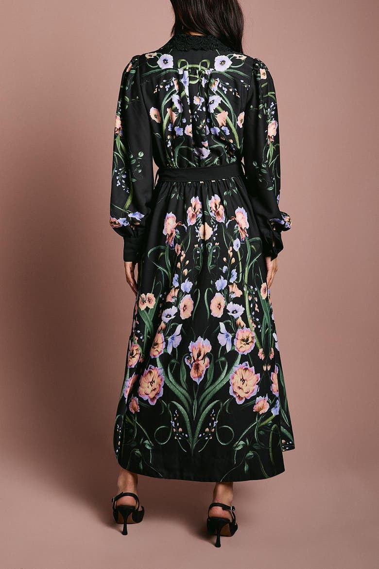 Lace Trim Printed Shirt Dress, Alternate, color, Black