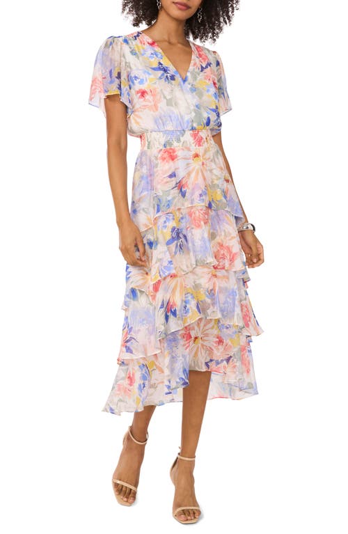 Vince Camuto Floral Tiered Chiffon Cocktail Dress In Ultra White