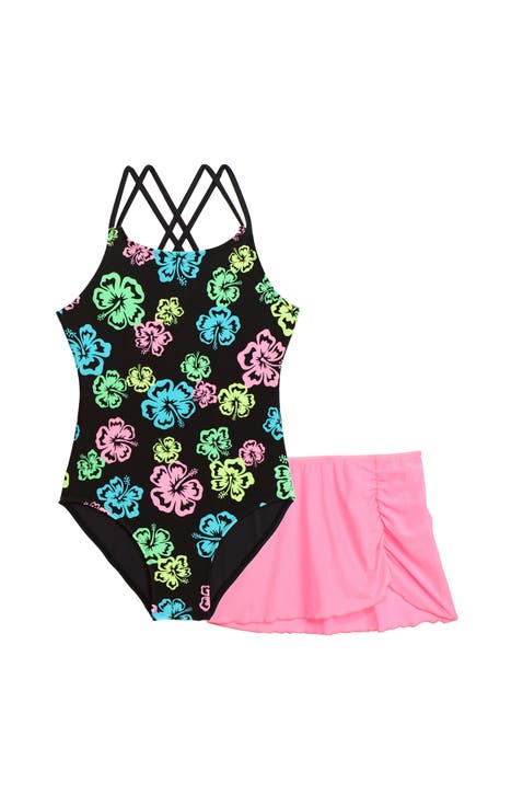 Girls X-Back One Piece Swimsuit with Mesh Sarong Coverup Skirt 2-Piece Set