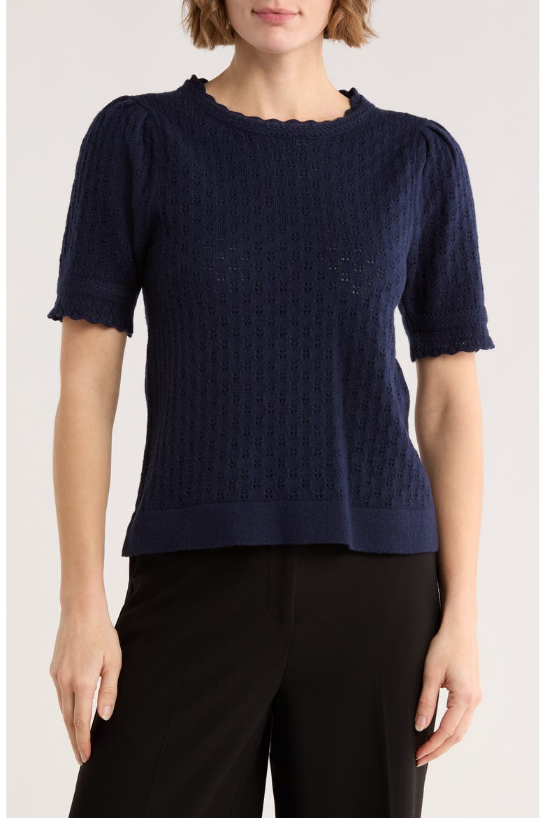 Pointelle Stitch Short Sleeve Sweater, Main, color, BLUE MOON