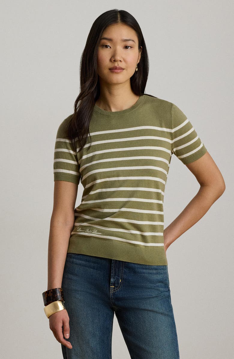 Lauren Ralph Lauren Short Sleeve Cotton Blend Sweater, Alternate, color, Mascarpone Cream/ Light Agave