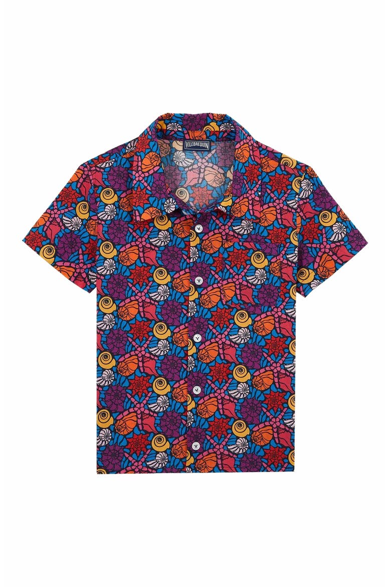 Kids' Sea Shells Cotton Bowling Shirt Noumea, Alternate, color, BLEU MARINE