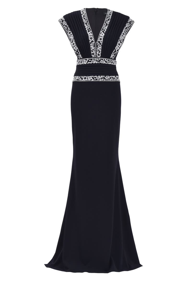 Embroidered Trim V-Neck Gown, Alternate, color, BLACK/ IVORY