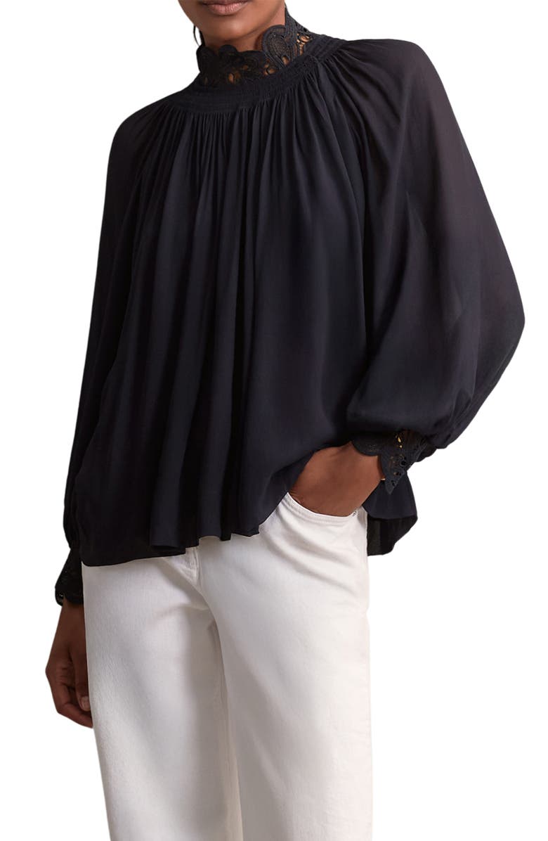 Reiss Czara Lace Accent Smocked Yoke Top, Alternate, color, Navy