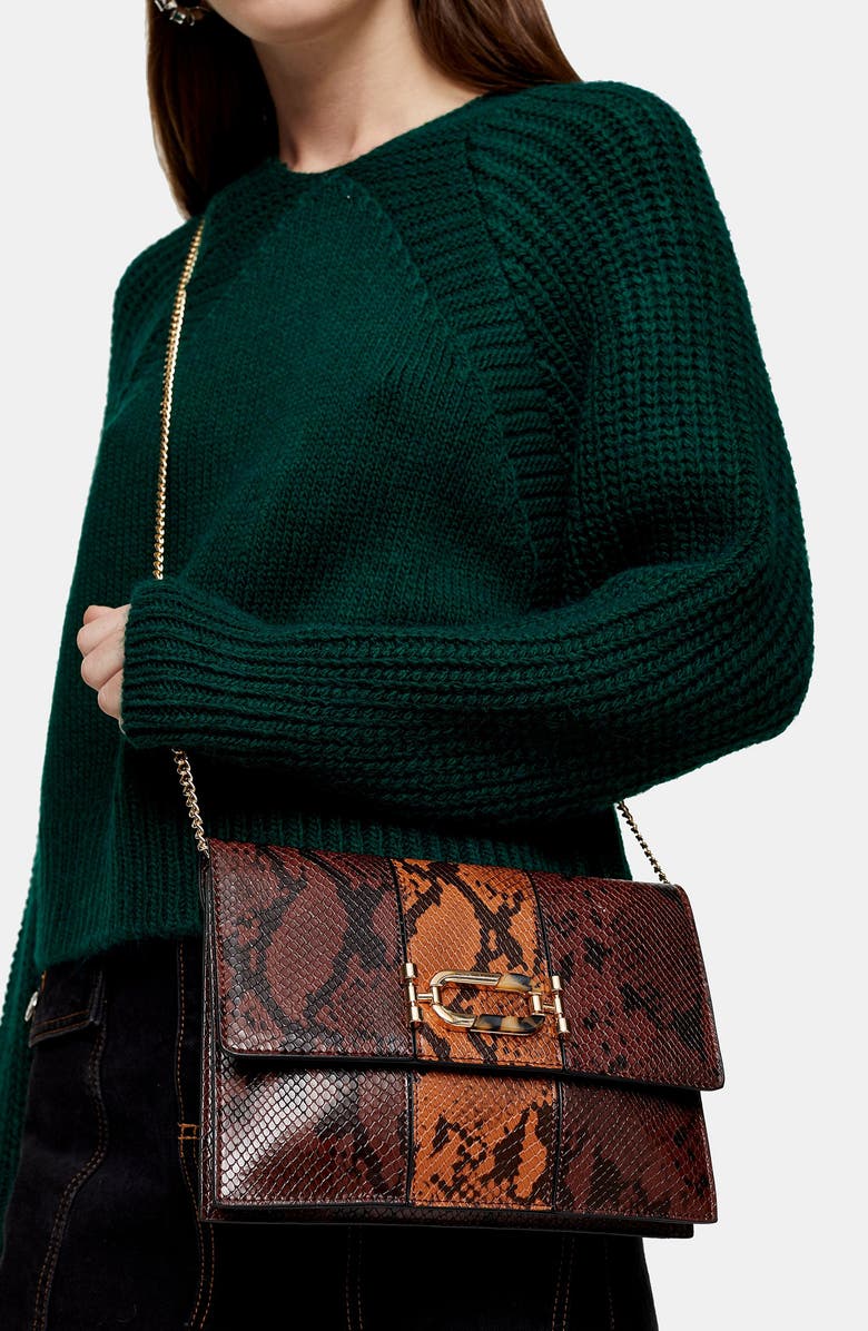 Topshop Snake Embossed Convertible Faux Leather Clutch, Alternate, color,