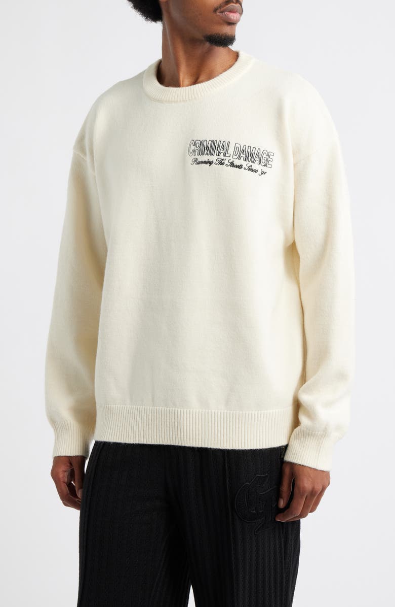 CRIMINAL DAMAGE Running the Streets Embroidered Sweater, Main, color, Ecru
