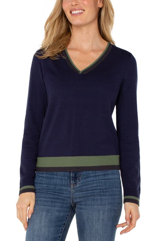 Liverpool Los Angeles Contrast Trim V-neck Sweater In Blue