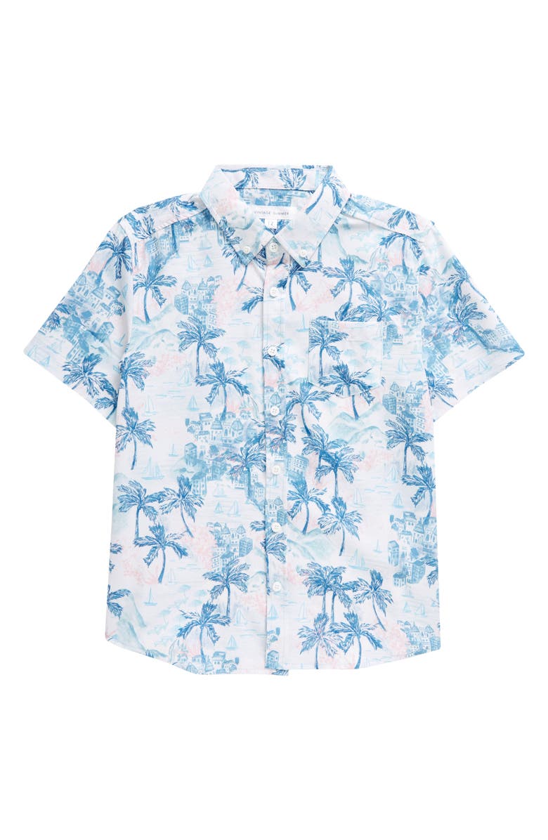 Vintage Summer Kids' Short Sleeve Stretch Button-Down Shirt, Main, color, Teal