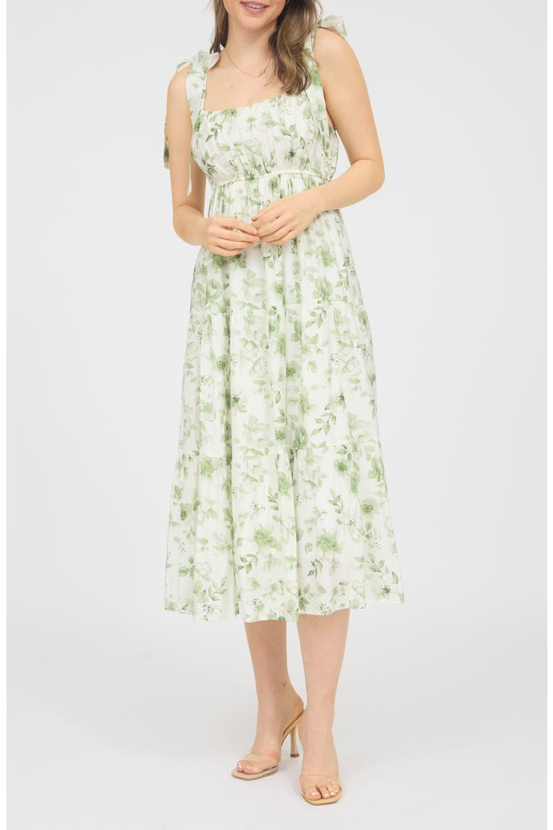 Shoulder Tie Floral Midi Dress, Main, color, OLIVE MULTI