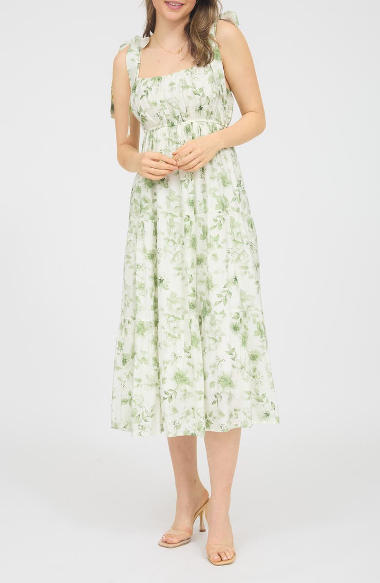 AUGUST SKY Shoulder Tie Floral Midi Dress, Main, color, Olive Multi
