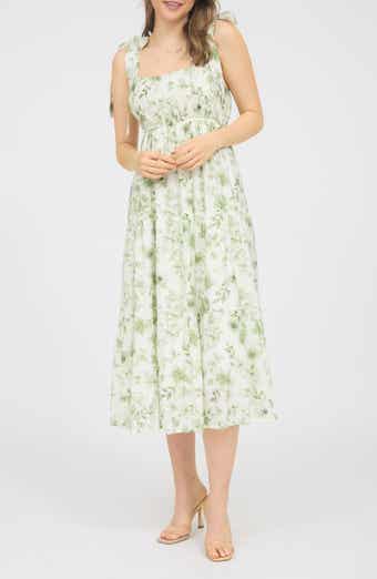 AUGUST SKY Shoulder Tie Floral Midi Dress