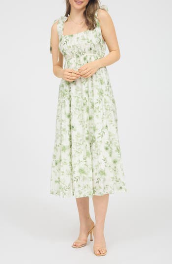 August Sky Shoulder Tie Floral Midi Dress