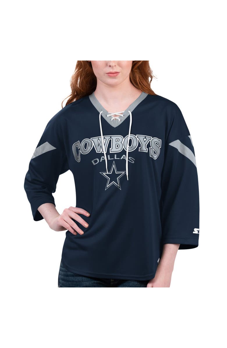 STARTER Women's Starter Navy Dallas Cowboys Rally Lace-Up 3/4-Sleeve T-Shirt, Main, color, Navy