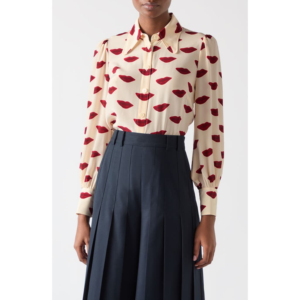 Lk Bennett Sonya Lips Print Silk Button-up Shirt In Multi