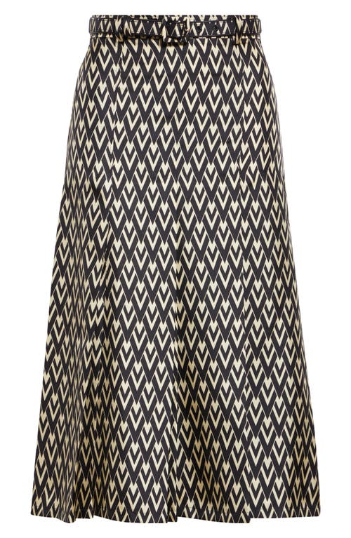 Valentino Belted Pleated Printed Silk-twill Midi Skirt In Black/cream