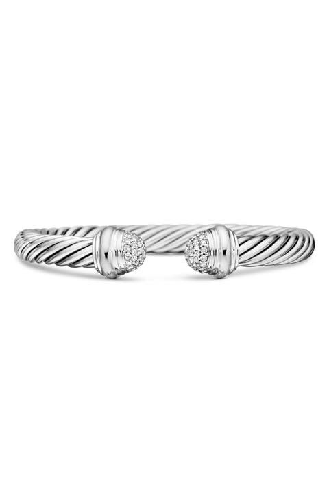 Classic Cable Bracelet in Sterling Silver with Pavé Diamond Domes, 7mm
