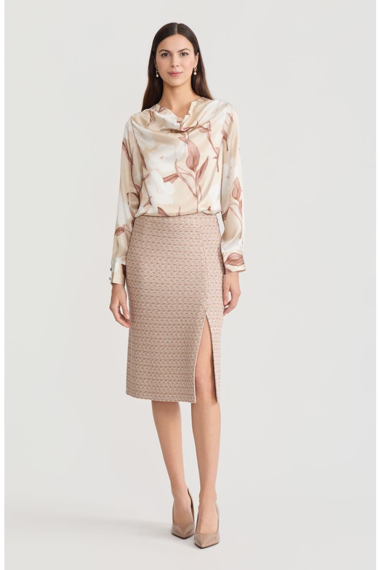 Draped Neck Floral Print Silk Blouse, Main, color, Biscotti/Charmeuse