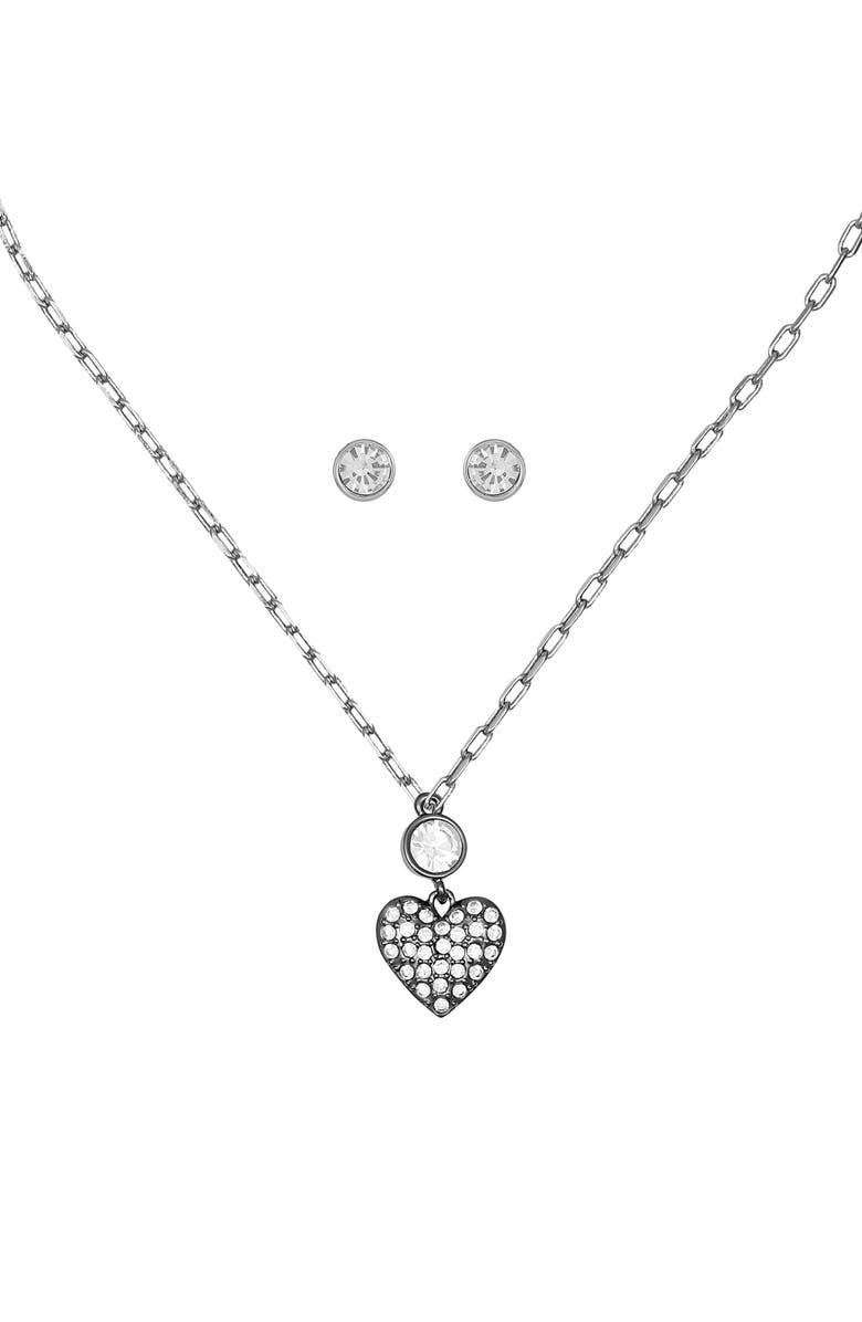 GUESS Crystal Heart Pendant Necklace & Stud Earrings Set, Alternate, color, Silver