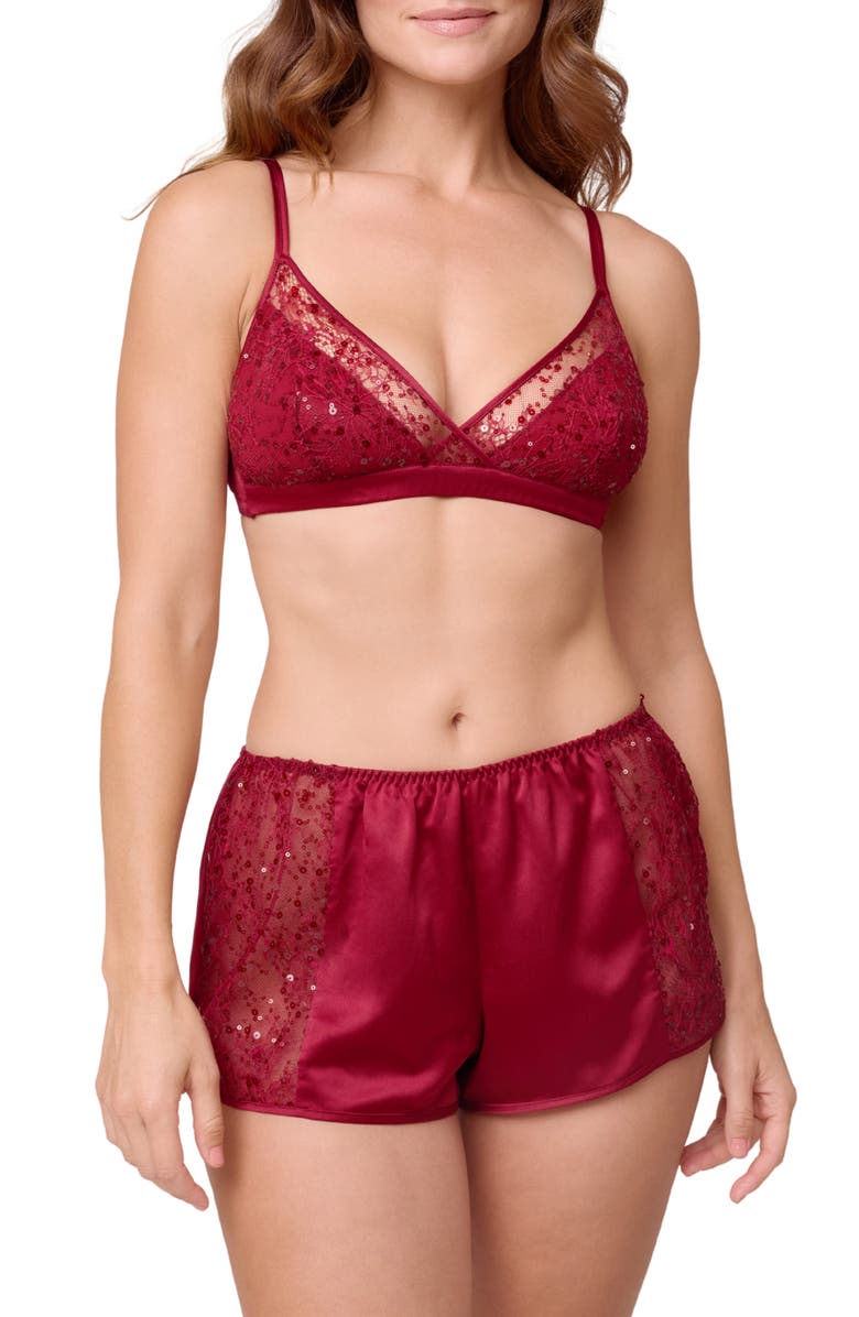 Rya Collection Radiant Sequin Chantilly Lace, Chiffon & Charmeuse Bralette & Shorts Pajamas, Main, color, Holly